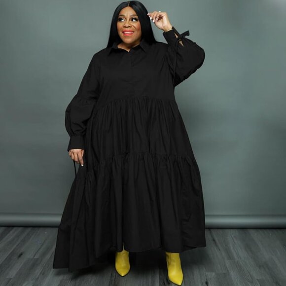 Plus Size Long Sleeve Button Down Maxi Dress Ruffle Hem Casual Beach Wear - Picture 3 of 5